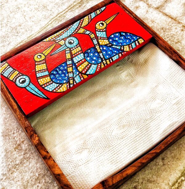 Seasoned Wooden Napkin Holder with Gond Art